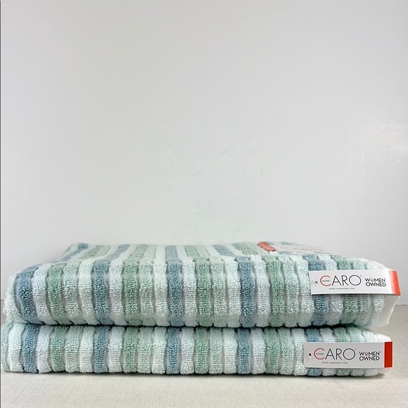 Caro Home Striped Bath Towels - Green Blue White Textured 100% Cotton 2 pc NEW - Picture 1 of 6